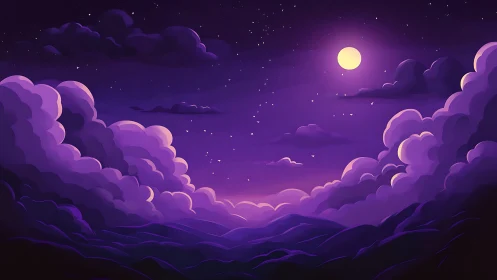 Digital painting of luminous moonlit clouds in violet sky.