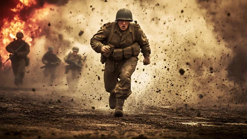 Rugged soldiers charge forward through smoke, fire and chaos