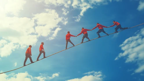 Rope walking figures in red sweaters linked across sky.