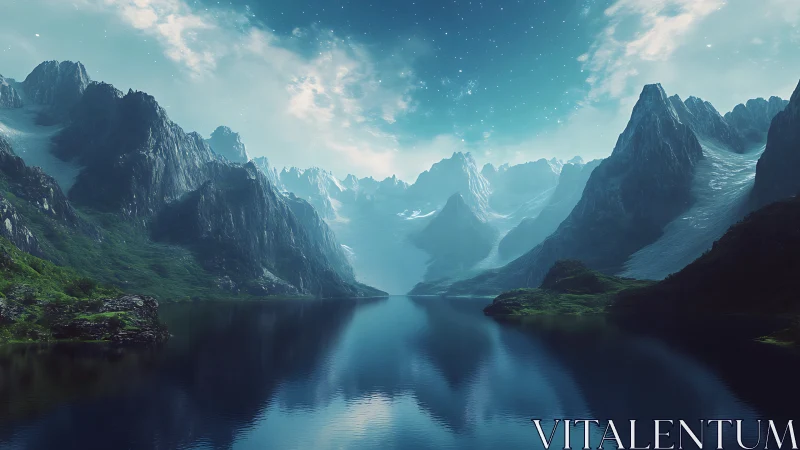 Glacial fjord under starry twilight sky with mirrored reflections