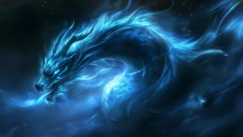 Mystic blue dragon swirls through starlit cosmic mists