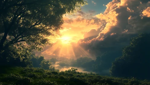 Volumetric sunrise rays penetrating cloud-locked forest basin.