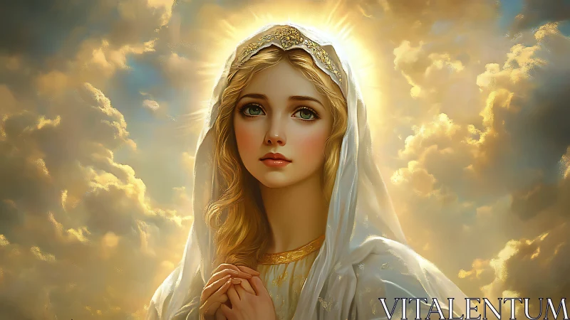 Golden clouds cradle a serene, halo-crowned maiden in prayer