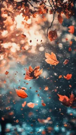 Autumn maple leaves swirl through glowing bokeh dusk sky.