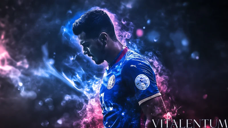 Luminescent football portrait within bifurcated nebular vapor.