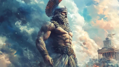 Colossal armored deity dominates neoclassical citadel skyline