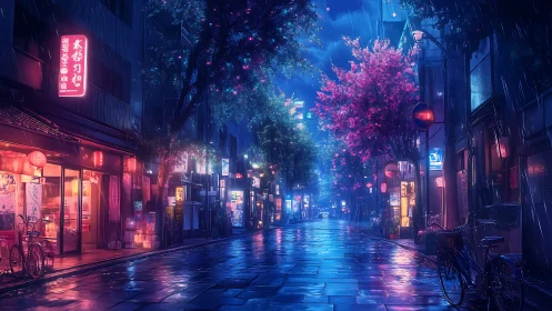 Neon rainlit alleyway where cherry blossoms glow at midnight.