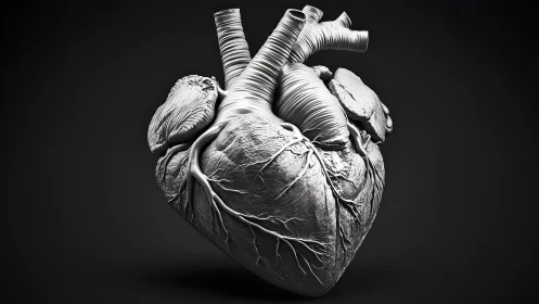 Realistic Anatomical Human Heart in Monochrome, Detailed 3D Illustration.