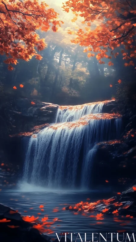 Autumn cascade framed by luminous foliage in soft-focus forest