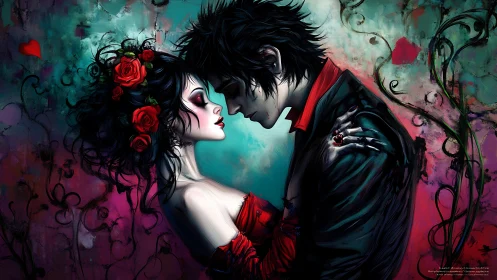 Gothic couple portrait with ornate floral and vine elements