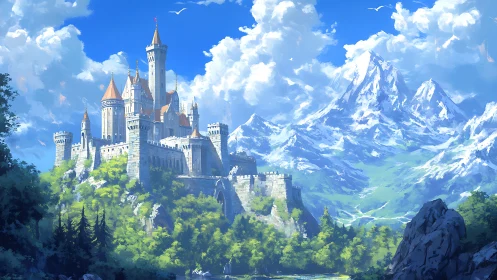 Sunlit mountain castle rising above a bright green valley.