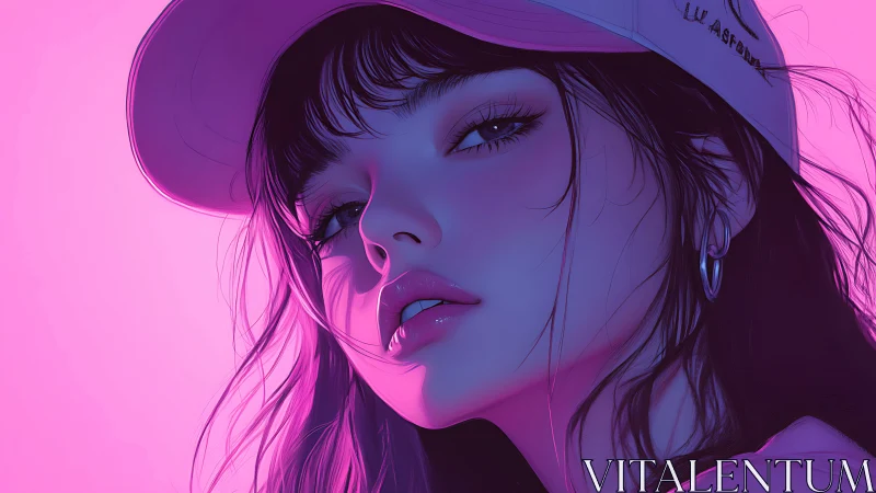 Soft neon gaze of a dreamy girl in glowing pink light.