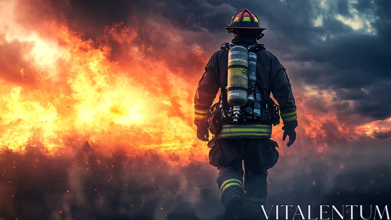 Firefighter advancing into intense inferno..