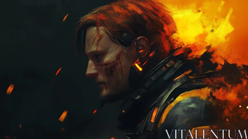 Battle-scarred cyborg soldier against blazing inferno.