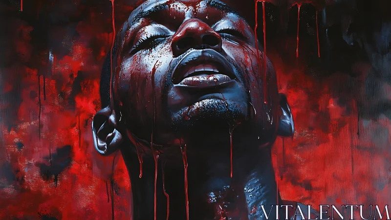 Blood-drenched portrait captures anguish in vivid crimson tones.