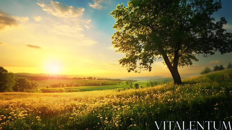 Sunlit rural hillside with solitary tree and open fields.