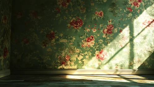 Sunlit floral wallpaper casts dramatic geometric shadows