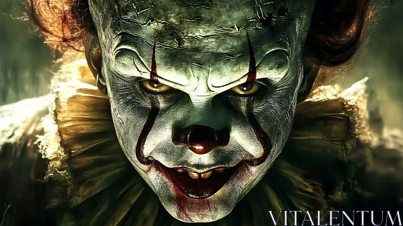 Menacing horror clown portrait with sinister golden gaze.