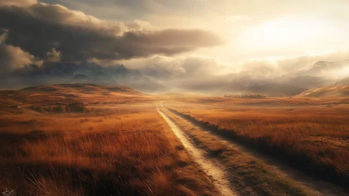 Dirt path through golden grassland toward distant mountains.