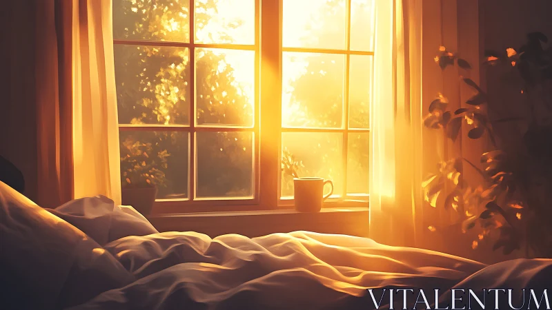 Golden morning light pours gently across a cozy bed