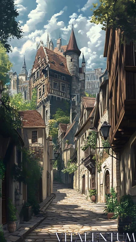 Digital painting of sunlit medieval alley with castle perspective.
