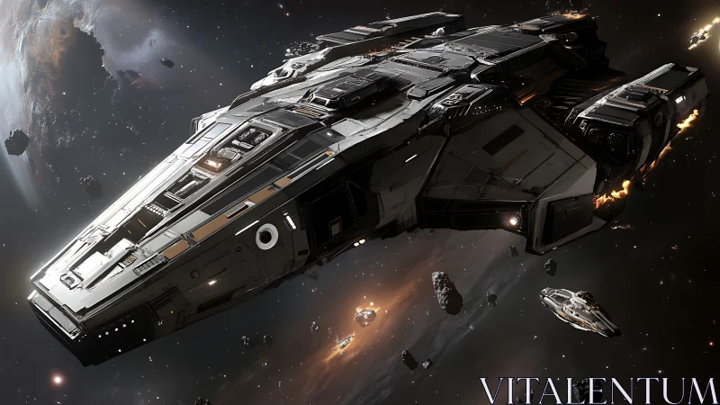 Starfaring cruiser glides through a glowing asteroid field.