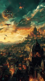 Stratified fantasy citadel under orb-laden storm sky at dusk