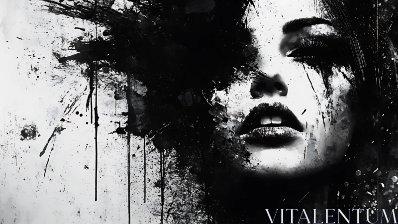Monochrome abstract portrait with splattered ink face art.