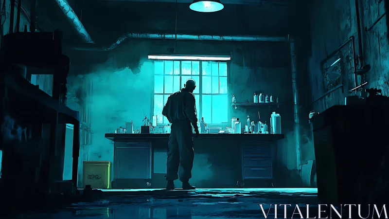 Lone chemist studies glowing lab bench in teal workshop.