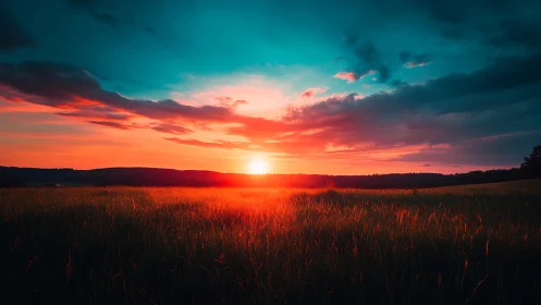 Spectral-gradient sunset over meadow with high dynamic contrast.