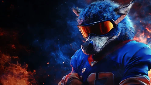 Blue wolf quarterback in fiery digital sports portrait.