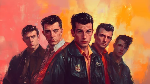 Five stylized 1950s greaser portraits on warm gradient field