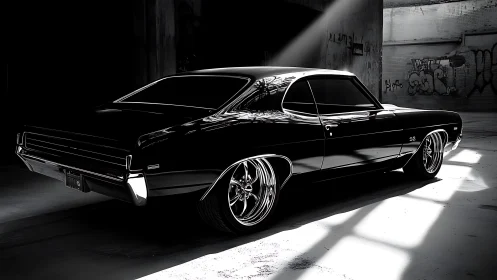 Shadow-slick muscle car prowls through shafts of stolen light