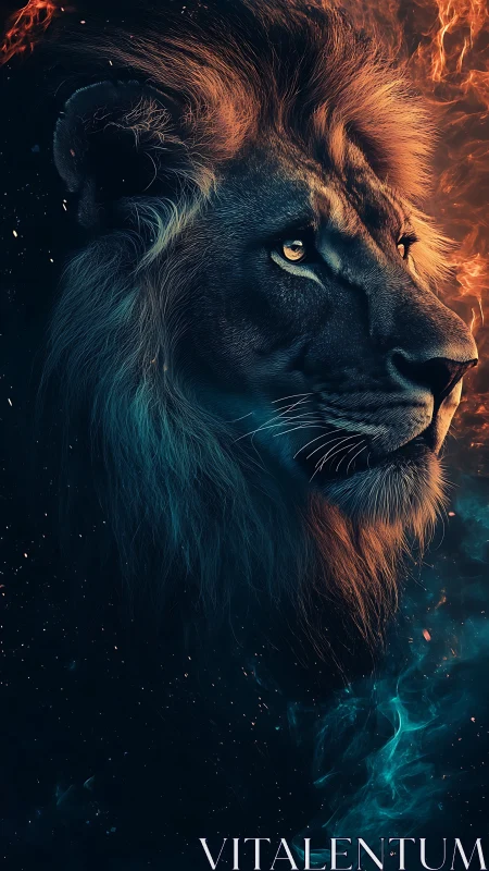 Majestic lion emerges from cosmic fire and shadow glow