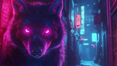 Neon-eyed cyber wolf stalks a rain-soaked city alleyway.
