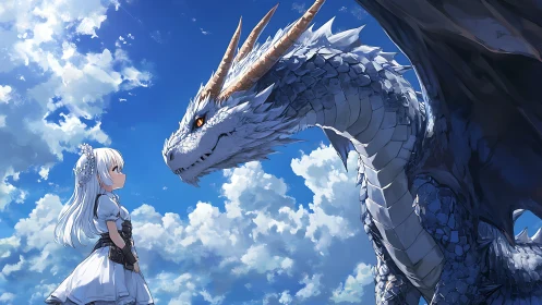 Anime sky tableau with white dragon and girl in profile standoff.