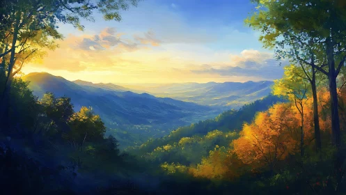 Sunrise brushes gold across misty mountain valleys.