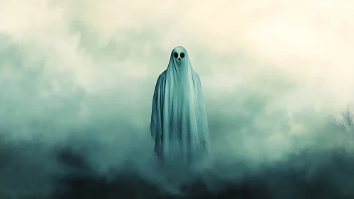 Softly bewildered ghost drifts through teal-tinted twilight fog