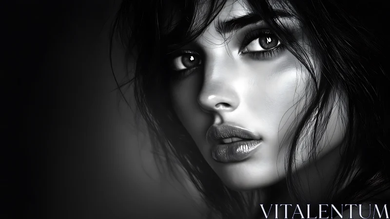 Monochrome female portrait with intense reflective gaze.