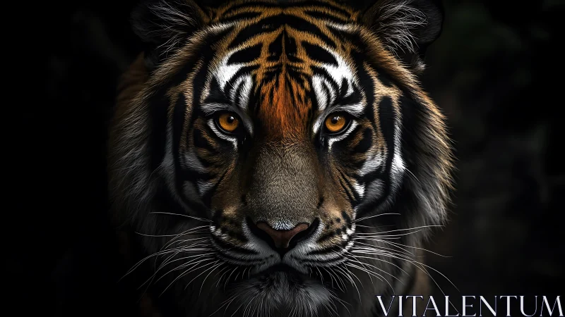 Tiger portrait with dramatic low key contrast and amber eyes.