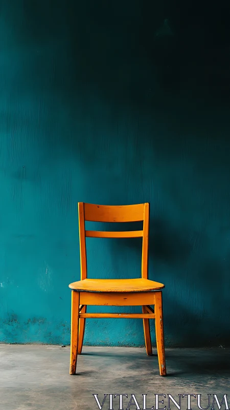 Yellow wooden chair against teal textured wall.