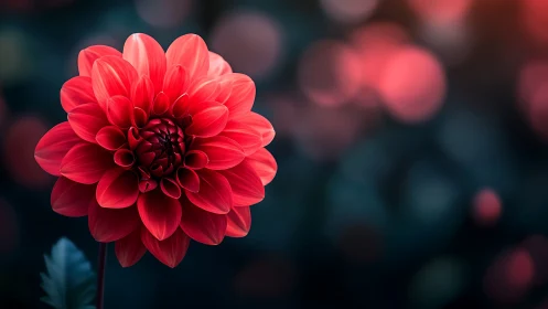 Crimson Dahlia in Soft Focus Against Twilight Background.
