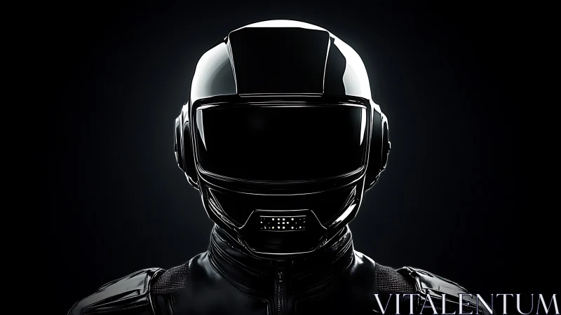 Futuristic black moto helmet portrait under dramatic rim light.