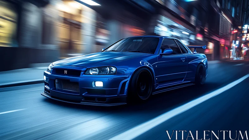 Midnight blue street racer gliding through neon city lights.