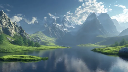 Mountain lake valley with distant snow peaks under daylight.