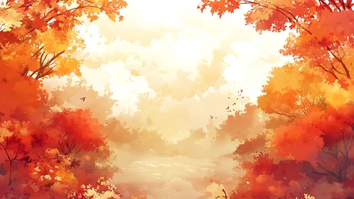 Autumn Landscape with Falling Leaves and Misty Water