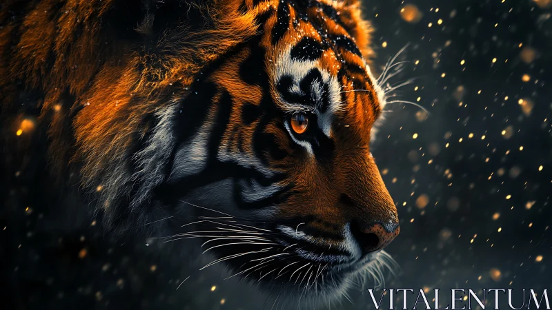 Gentle tiger gaze glowing softly in drifting golden light.