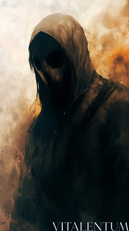 Hooded wraith silhouette emerging from burning mist.