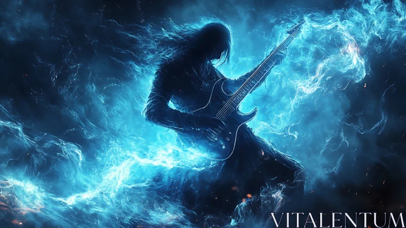 Electric blue spectral guitarist in luminous plasma storm