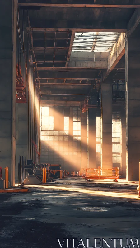 Large industrial hall interior with filtered sunlight beams.